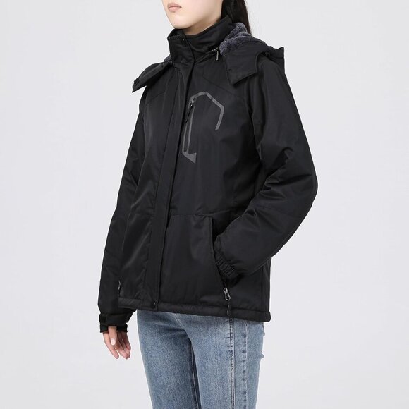 Womens Black Mountain Waterproof Ski Jacket Hooded Windproof Winter Coat Snow - Picture 4 of 7